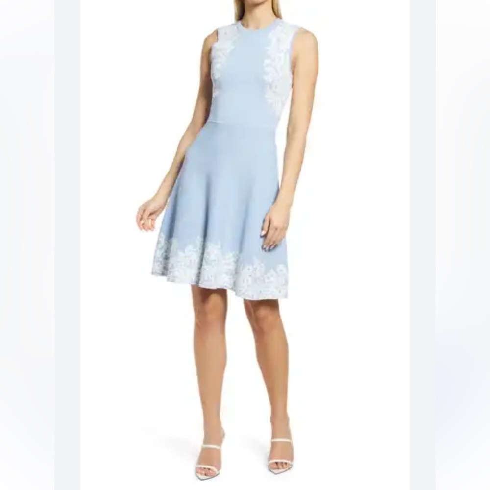 Eliza J Blue Sleeveless A-Line  Knit Dress Medium Casual Floral